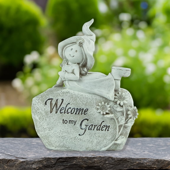 Northlight 8.75" Girl on Rock "Welcome to My Garden" Outdoor Patio Garden Statue - Ivory