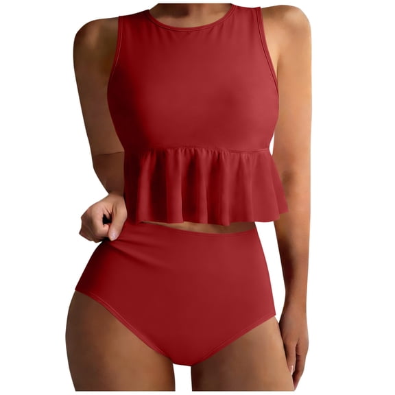 RQYYD Women's Two Piece Swimsuit Set High Neck Ruffle Peplum Top with High Waisted Bottoms Modest Tankini Bathing Suit for Beach