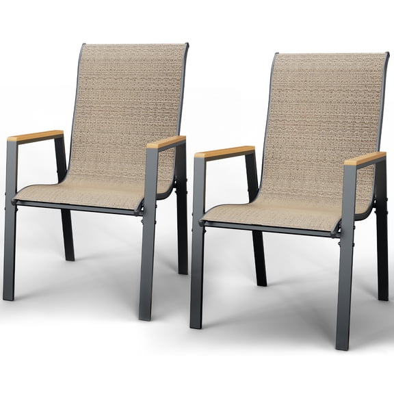 ECOPATIO Outdoor Patio Dining Chairs Set of 2, Stackable Steel Chairs with Armrest,Durable Frame for Lawn Garden Backyard, Khaki