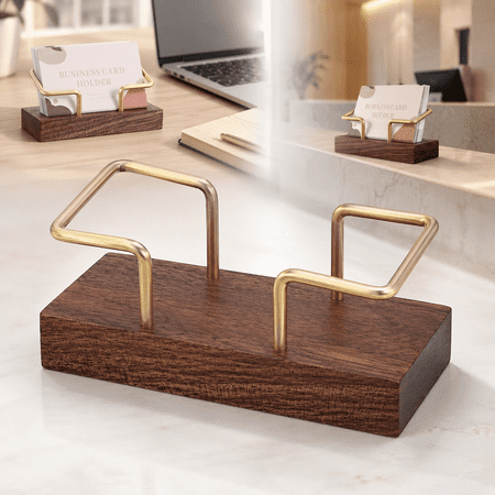 SIISLL Wooden Business Card Holder for Desk - Elegant Walnut & Gold Metal Card Display Stand - Stylish Tabletop Business Card Holder for Professionals, Reception, Meetings Office Desk Organizer