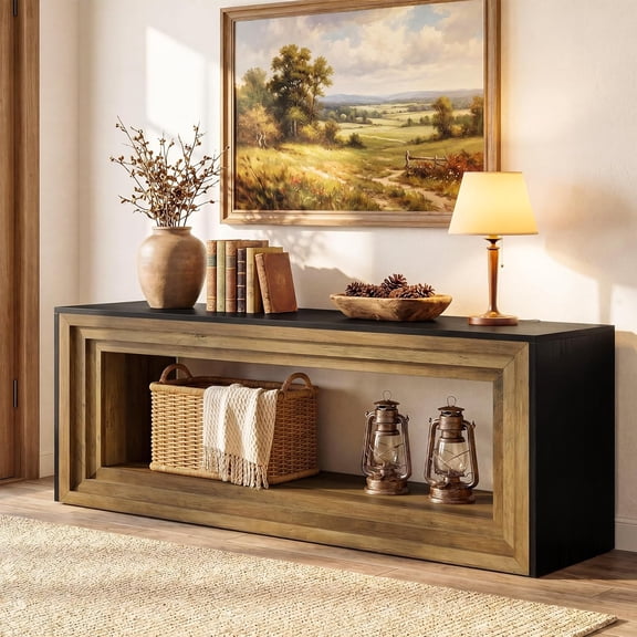 Finmind 63" 2-Tier TV Stand for 75" TV, Farmhouse Entertainment Center with Storage Shelf, Media Cabinet for Living Room, Bedroom, Brown & Black