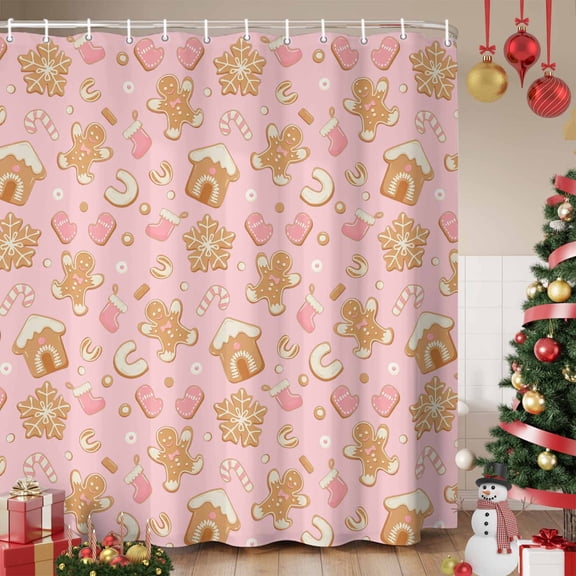 Pink Christmas Shower Curtain, Xmas Gingerbread Winter Cane Candy Snowflakes Waterproof Fabric Shower Curtains with 12 Hooks, Bathroom Curtain Set for Bathroom Accessories Decor, 72 x 84 Inches