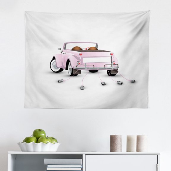 Cars Tapestry, Retro Car and Garage Advertising Poster Style Picture with Grunge Effects 1960s, Fabric Wall Hanging Decor for Bedroom Living Room Dorm, 2 Sizes, Emerald Orange, by Ambesonne