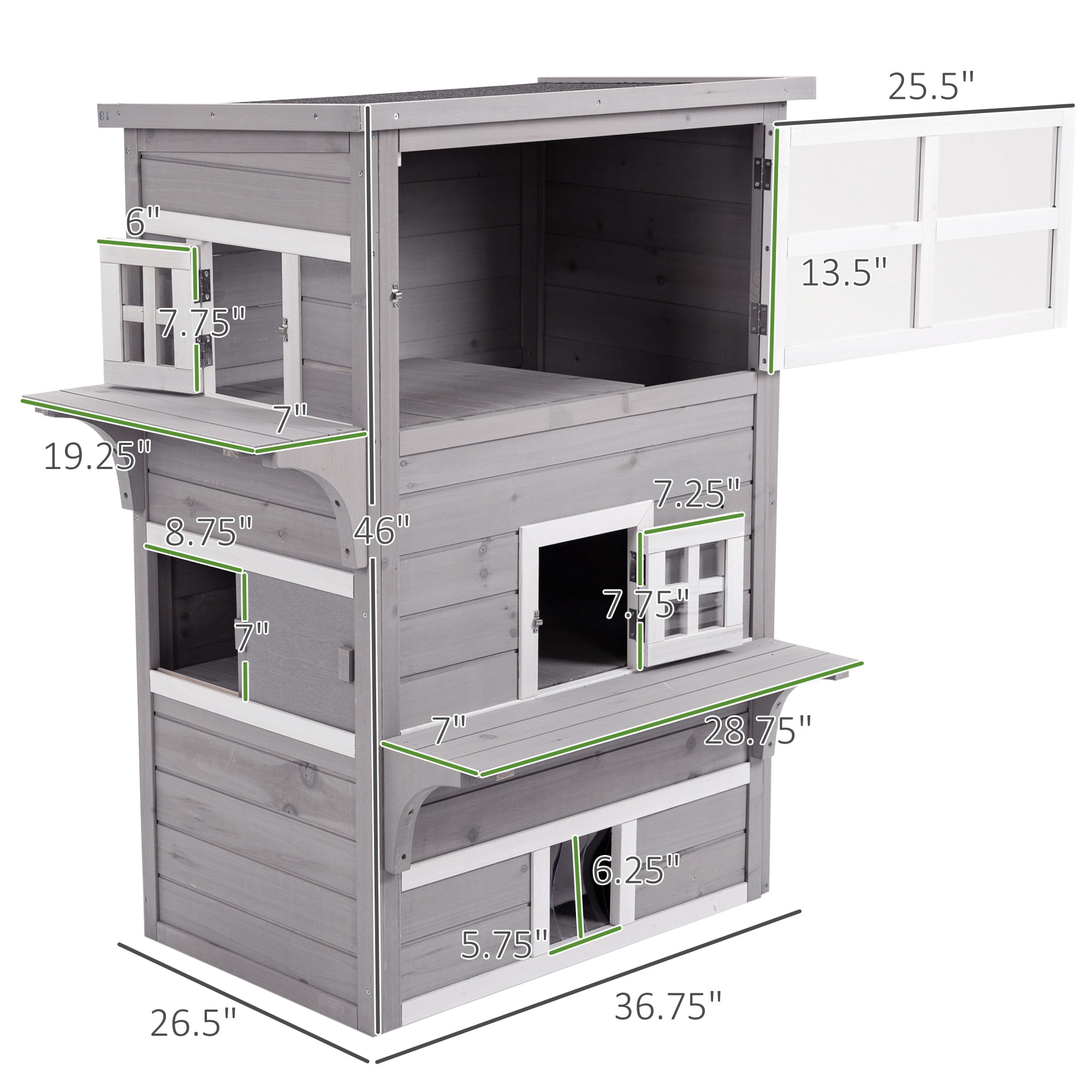 3-Story Cat House Feral Cat Shelter, Outdoor Kitten Condo with Raised Floor, Asphalt Roof, Escape Doors, Jumping Platforms, Grey
