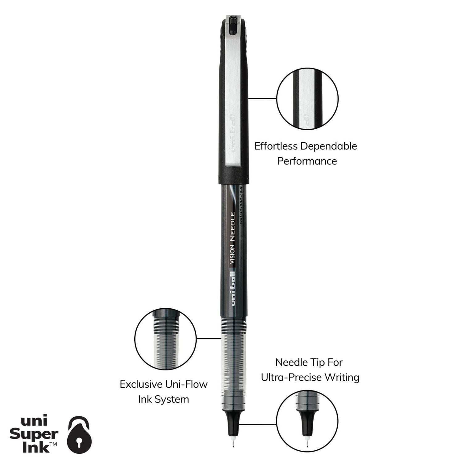uniball™ Vision Needle Rollerball Pens, Micro Point (0.5mm), Black, 5 Pack, Vision Needle Micro Blk 5 pk
