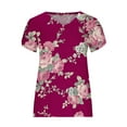 thumbnail image 4 of Wycnly Womens Tops Loose Fit Comfy Breathable Petal Sleeve Vintage Tshirts Summer Casual Floral Print V-Neck Short Sleeve Blouse Wine m, 4 of 4