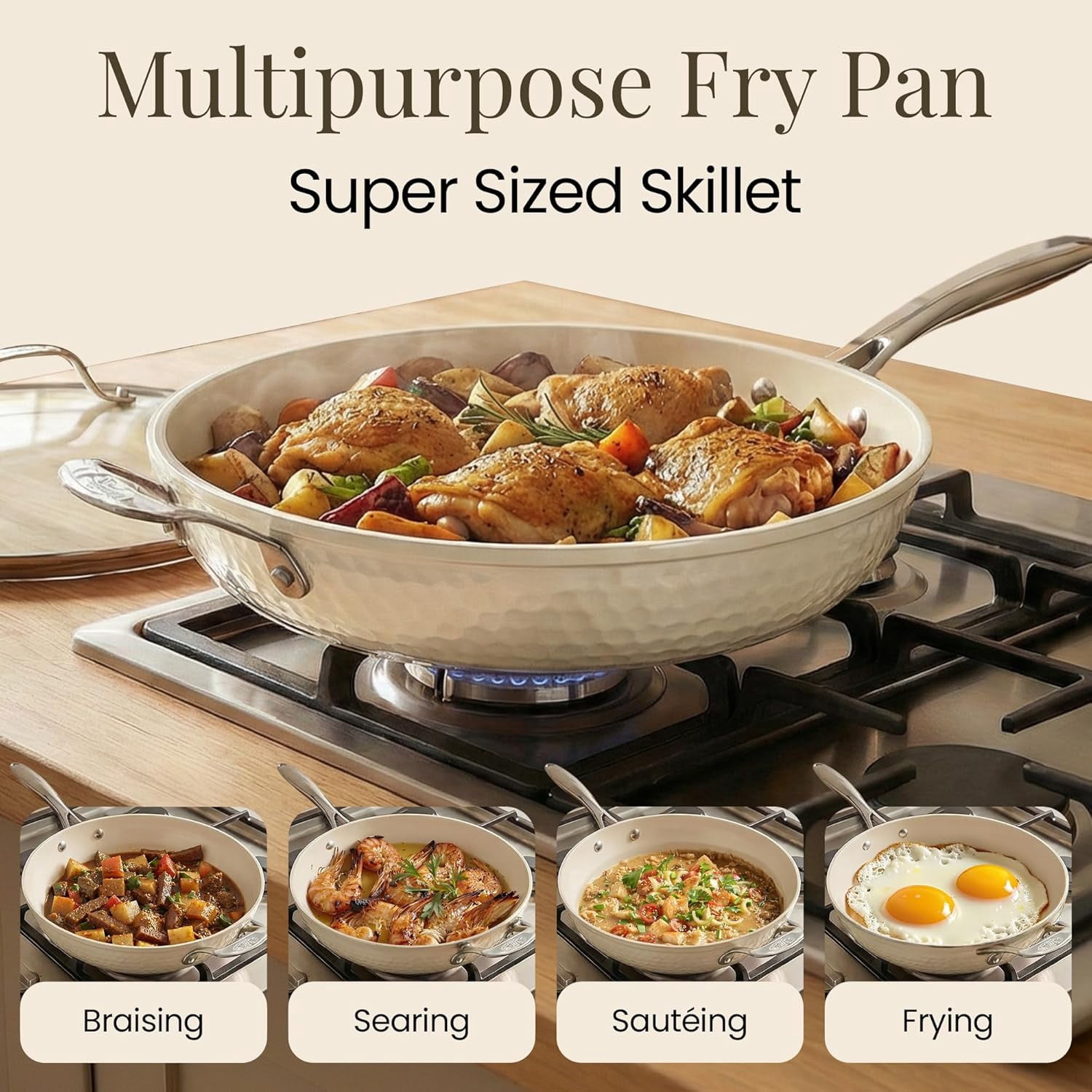 Hammered 14 Inch Non Stick Frying Pan with Lid, Extra Large Nonstick Cookware for Family Meals
