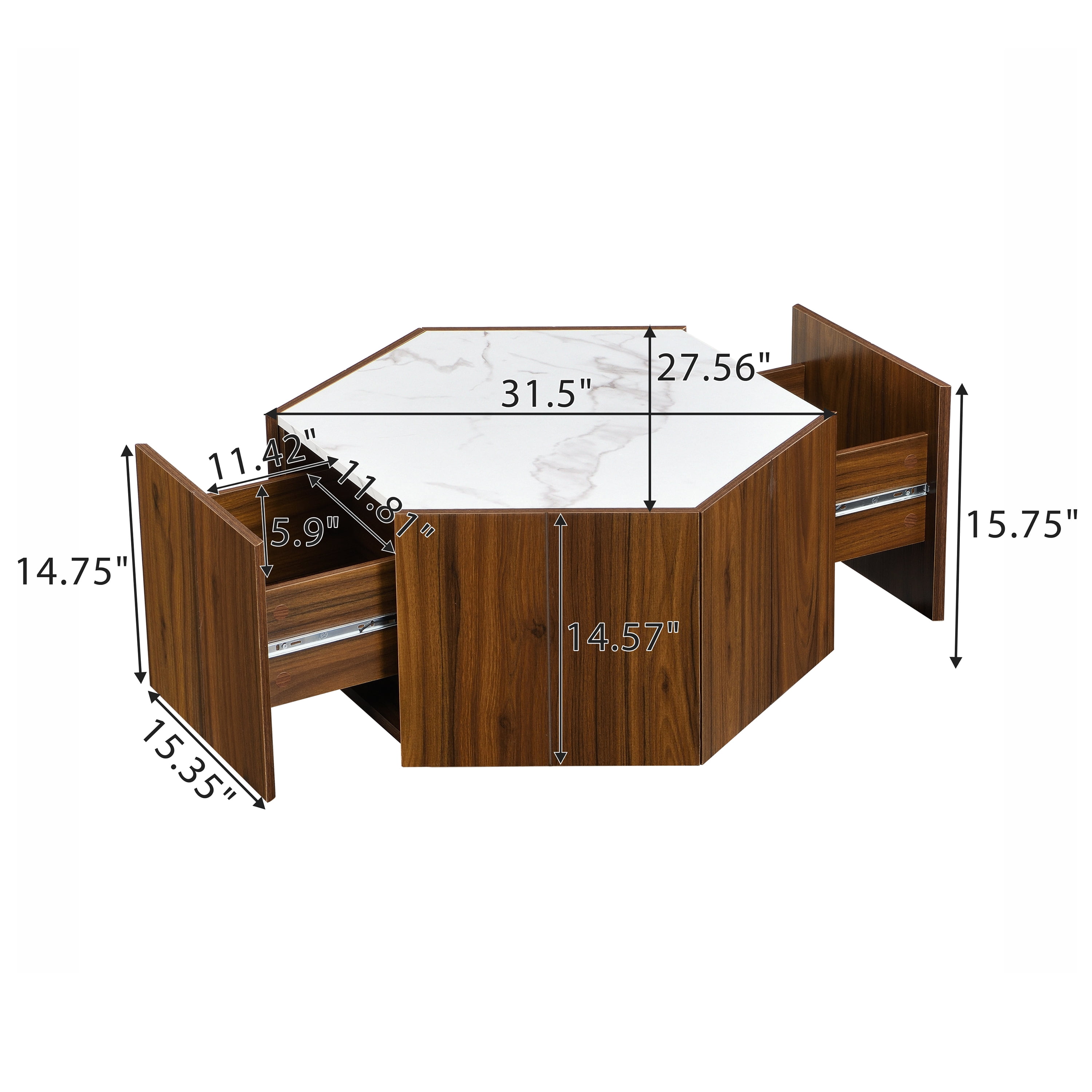 Euroco Hexagonal Rustic Retro Wood Coffee Table, with 2 Hidden Drawers, Textured White Marble Tops, Walunt Oak Finish - Perfect for Living Room & Reception Areas