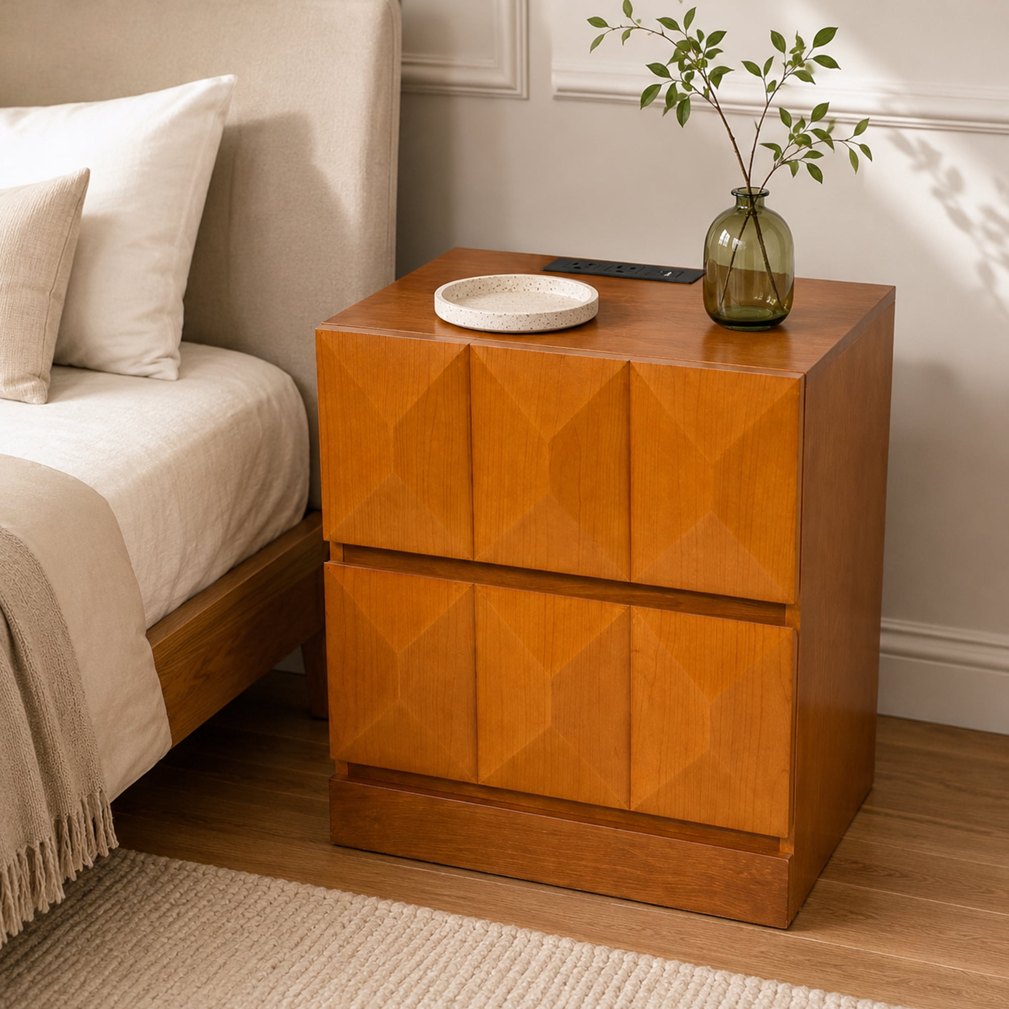 Leumius Modern Nightstand with Charging Station, 21.65" Wide Wood Bedside Table Storage Drawers, Large Mid Natural Wood Color End Table for Bedroom, Living Room