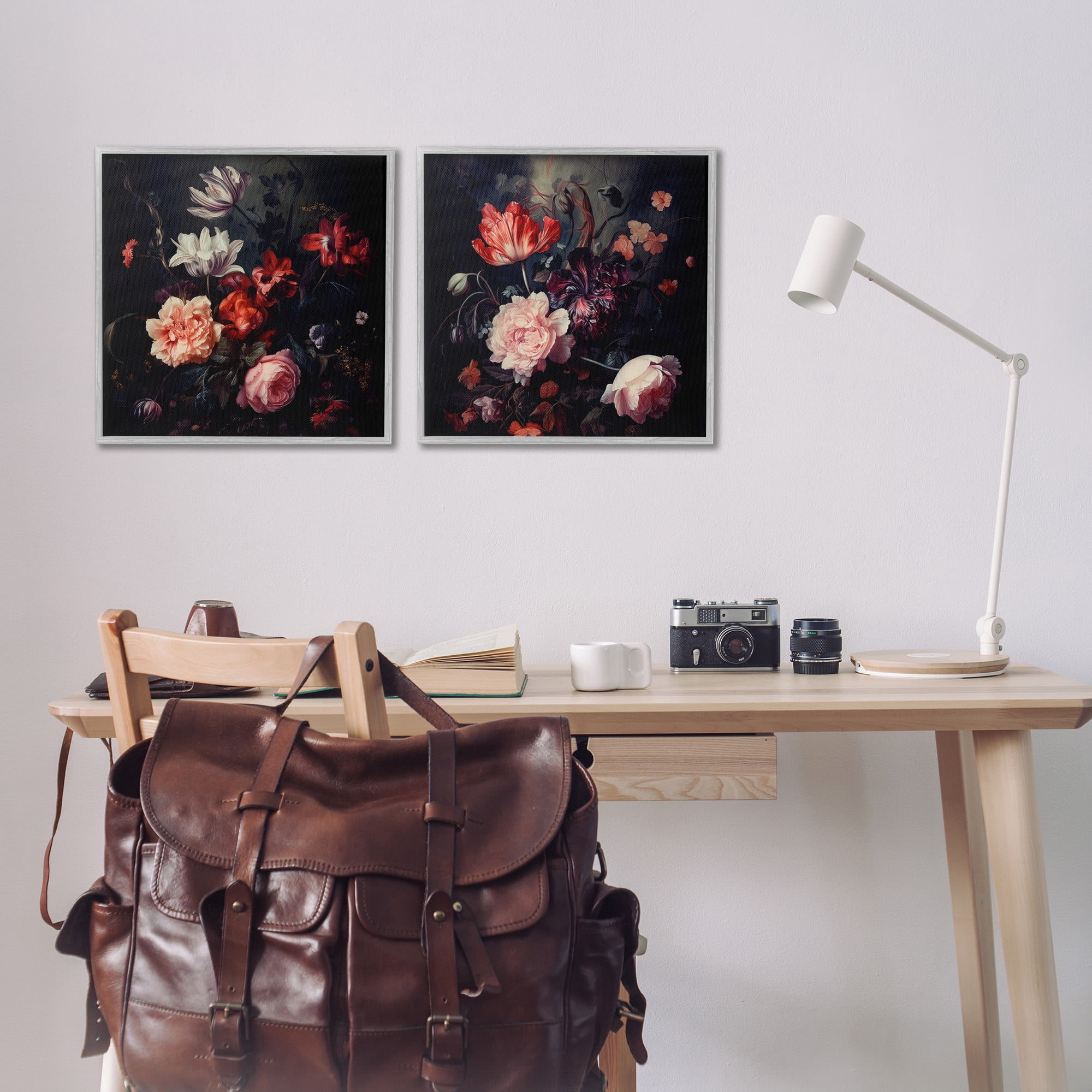 Stupell Industries Vintage Bouquet on Black Botanical & Floral Photography Gray Framed Art Print Wall Art, 17 x 17, Set of 2