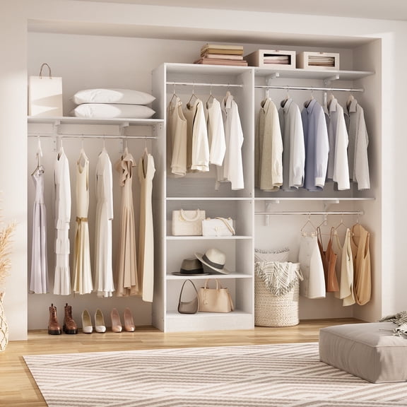 Homieasy 96'' Closet System with 3 Shelving Towers, 8FT Closet Organizer with Storage Shelves and Hanging Rods for Walk-in Closet, Bedroom, White