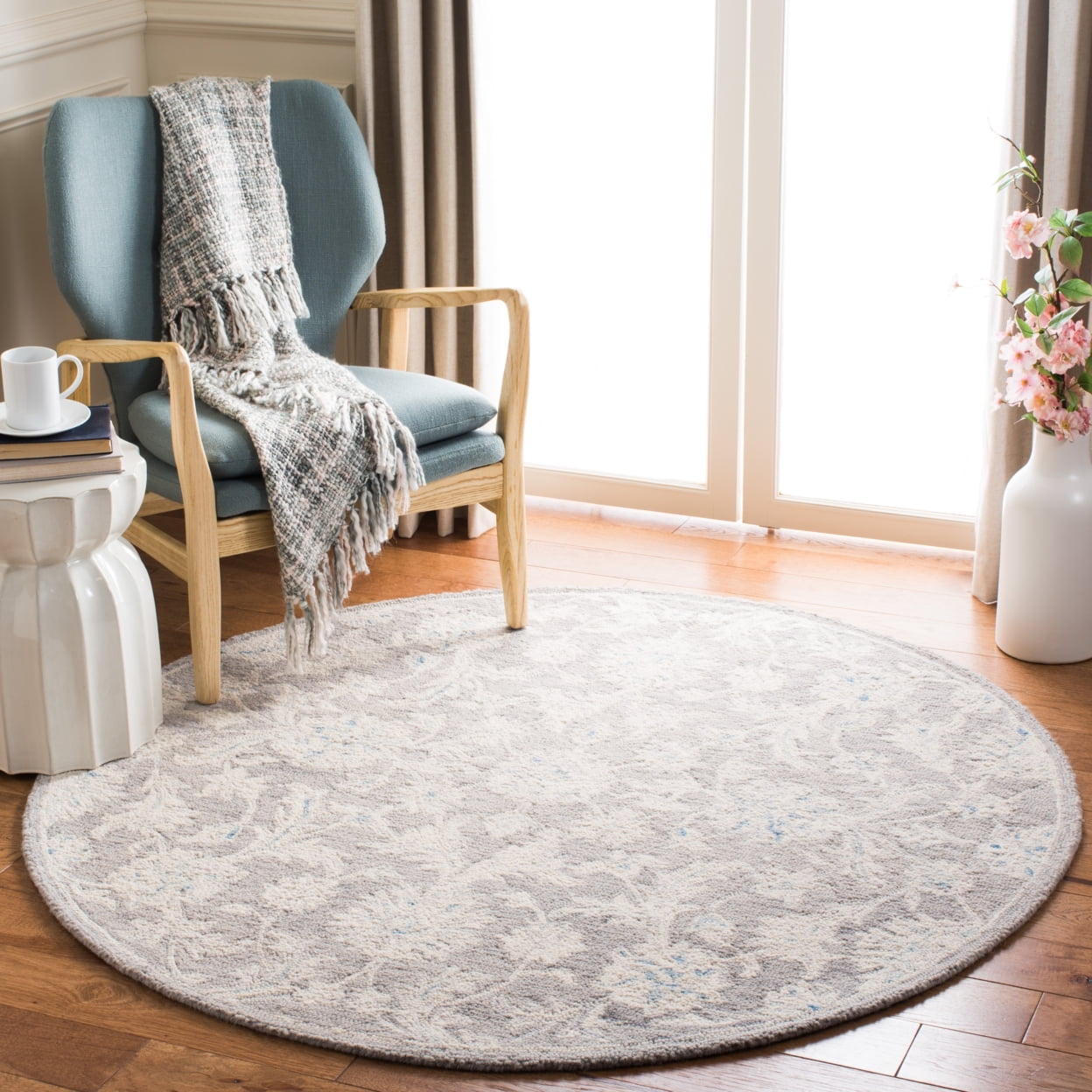 SAFAVIEH Micro-Loop Carl Floral Overdyed Wool Runner Rug, Grey/Ivory, 2'3" x 7'