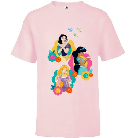 Disney Princess Snow White Rapunzel Jasmine In Bloom - Short Sleeve T-Shirt for Kids - Customized-Black