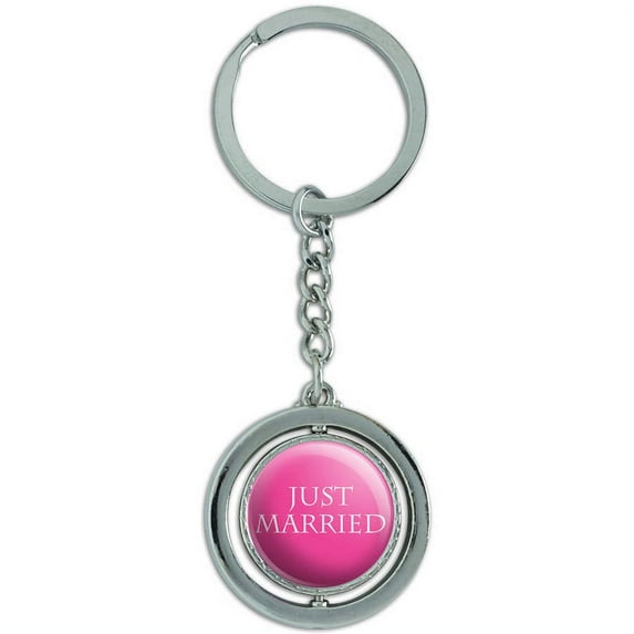 Just Married Flower Pink Spinning Round Metal Key Chain Keychain Ring