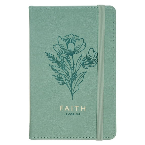 Small Scripture Notebook with Elastic Closure, Faith - 2 Cor. 5:7, Floral Teal Green Vegan Leather, Ribbon Bookmark, 192 Lined Pages, Acid Free Paper, approx size: 4" x 6"
