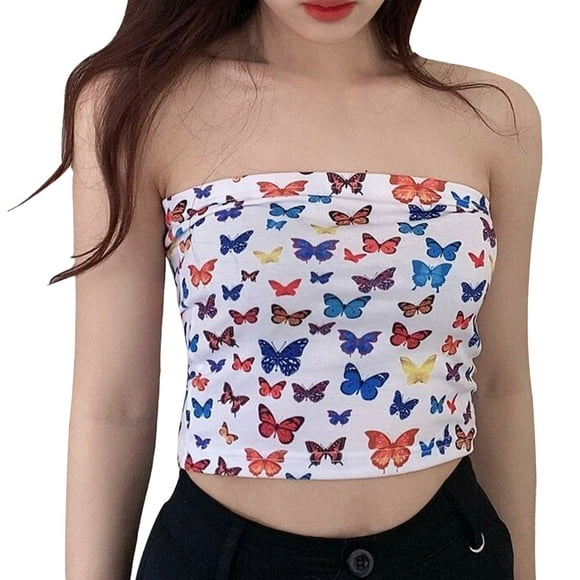 Clearance Sale 2025 Tube Tops Women's Summer New Butterfly Print Chest Wipe Outside Wear Everything Exposed Navel Top Chest Clearance Deals Overstock Items Clearance