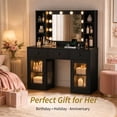 thumbnail image 6 of Zimtown Makeup Vanity with 3 Colors Light Mirror, Glass Top Vanity Desk with Two Glass-Door Storage Cabinets & Charging Station, Black, 6 of 10