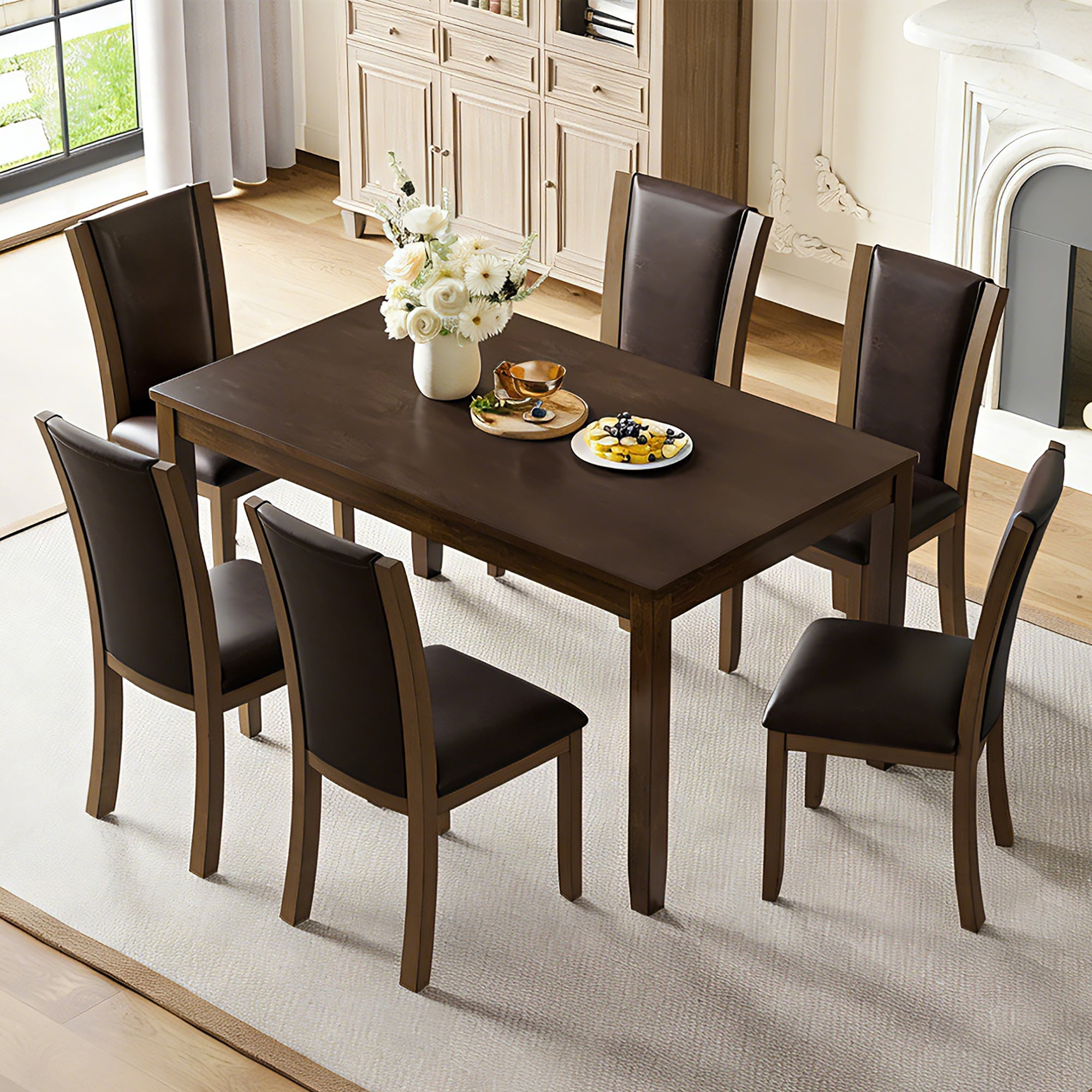 7-Piece Dining Table Set for 6, 58.5" Rectangular Dining Table with 6 Upholstered Chairs