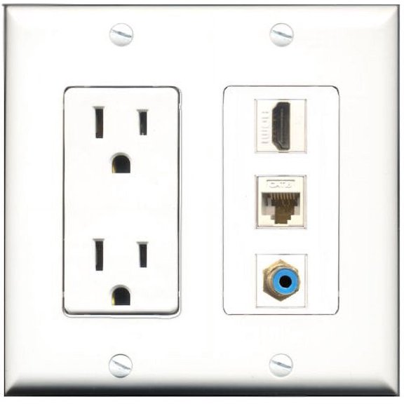 RiteAV - 15 Amp Power Outlet 1 Port HDMI 1 Port RCA Blue 1 Port Cat6 Ethernet Ethernet White Decorative Wall Plate