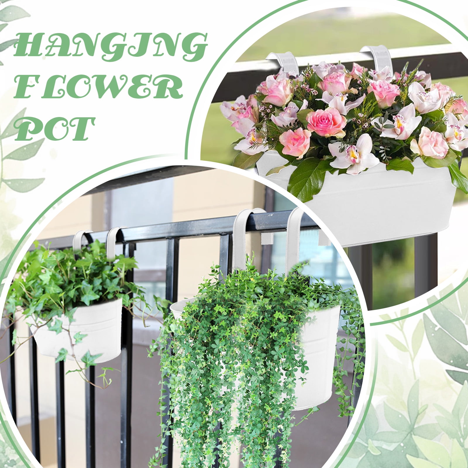 SPOKKI 8Pcs Metal Iron Hanging Flower Pots for Railing,with Detachable Hooks and Drain Holes Oval Hanging Pots Fence Planters for Railing Garden Fence (4pcs 10.6inch+4pcs 4inch)
