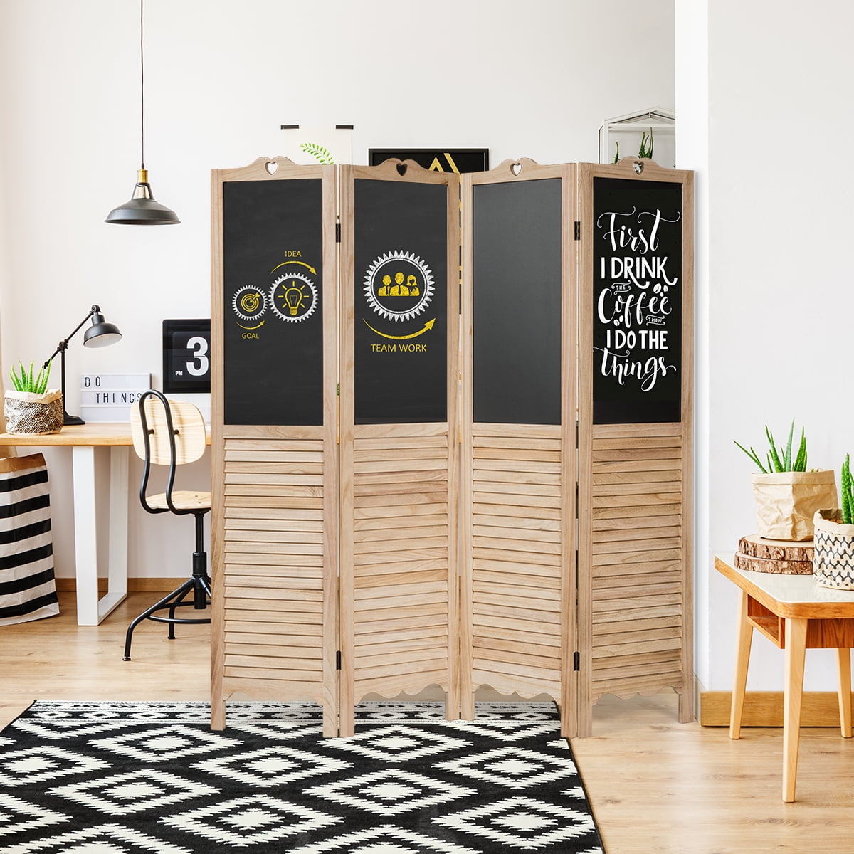 Costway 4-Panel Folding Divider Screen W/Chalkboard 5.7Ft Tall Natural