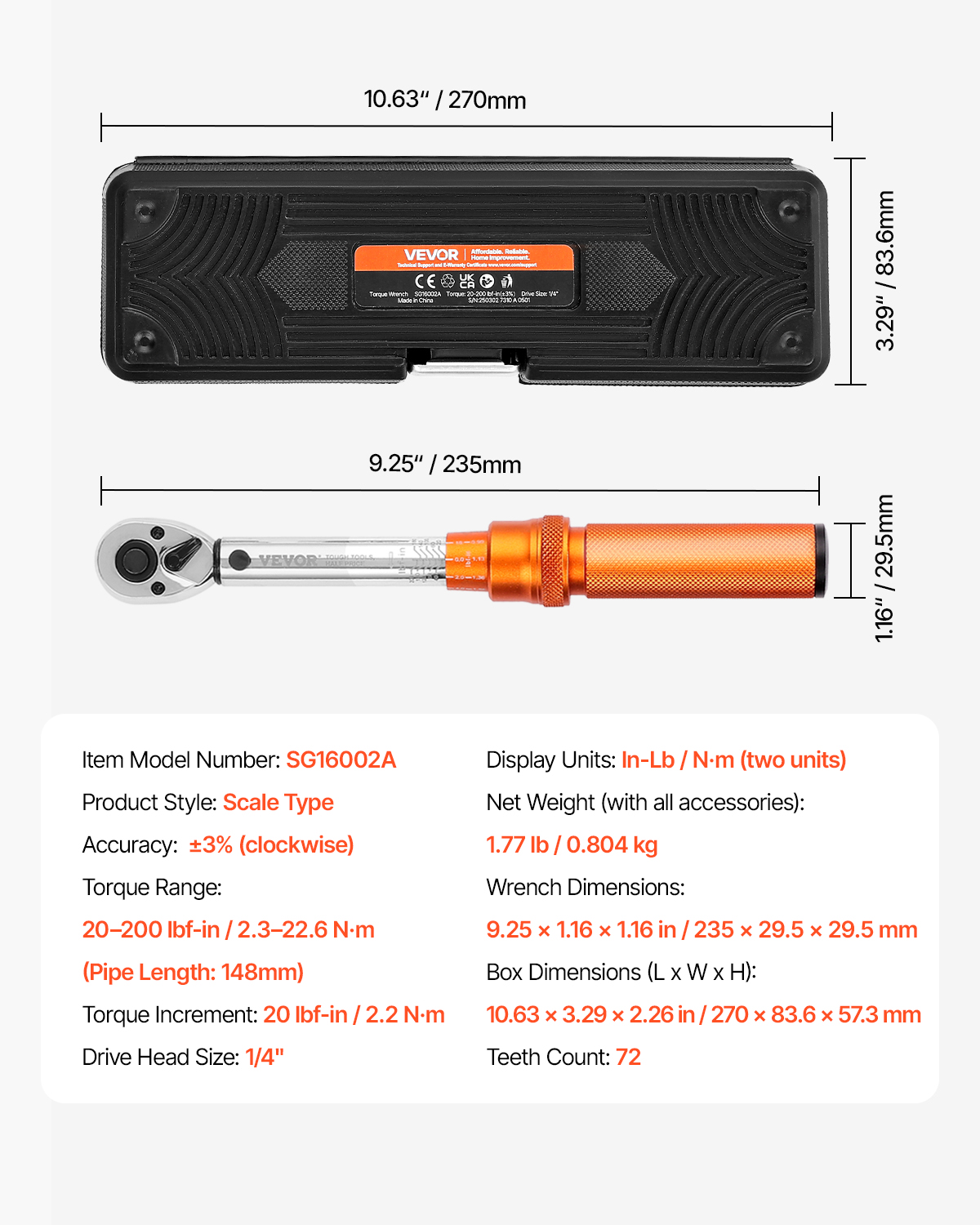 VEVOR Click Torque Wrench Set, 1/4Inch Drive, 20-200lbf-in/2.3-22.6N.m, Dual-direction and Dual Range Scales, 72-Tooth, ±3% High Precision,with Bit Sockets Extension Bar,for Bicycle Repair,Orange