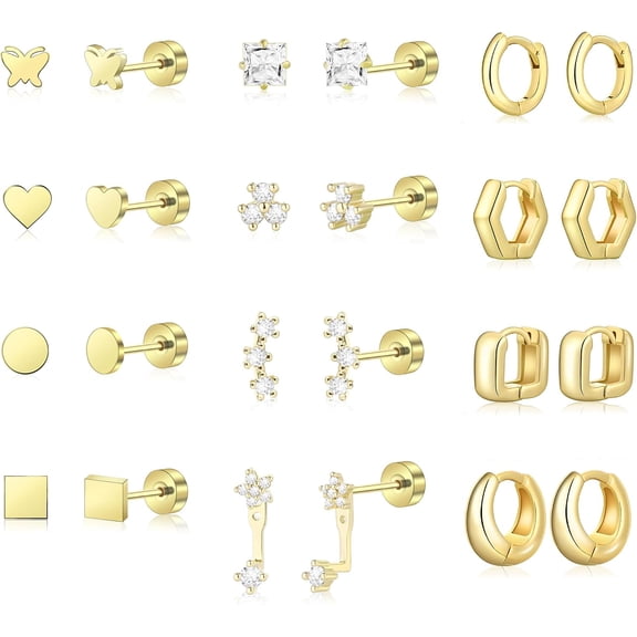 12 Pairs 14K Gold Plated Flat Back Hypoallergenic Earrings for Women Men Surgical Stainless Steel Earrings for Sensitive Ears Small Gold Stud Hoop Cartilage Earring Stack Set,Gold 01