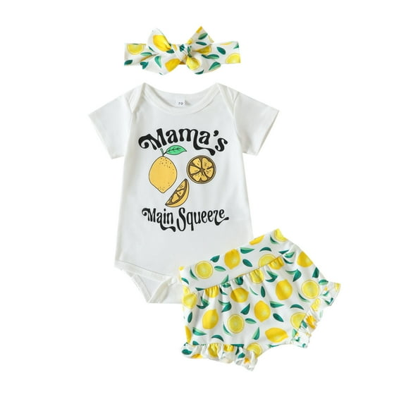 LNMQLPDBS Cute Summer Sets Lemon Fruit Letters Printed Short Sleeve Romper Bodysuit & Ruffle Trim Print Shorts & Bow Headbands 3pcs Onesies 0-3 Months Unisex Outfits Baby Girl Clothes
