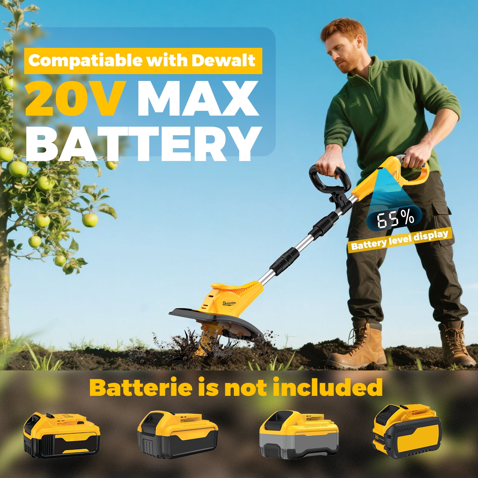 Cordless Tiller Cultivator Compatible with Dewalt 20V MAX Battery(Tool Only, Not battery), 310RPM Electric Rototiller Garden Tools with 40 Steel Tines, 9.1In Tilling Width & 6.3In Depth Tiller