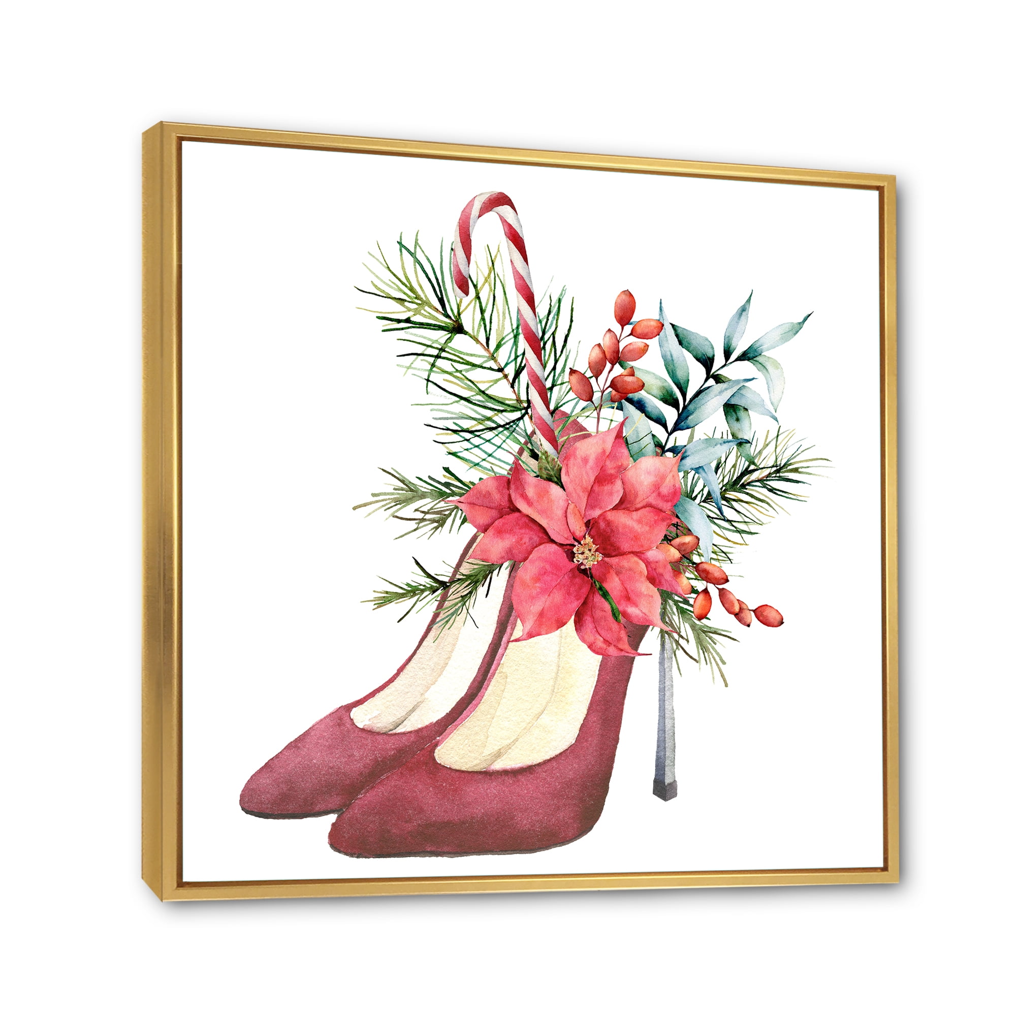 Designart 'Red Suede Heeled Shoes With Christmas Red Floral Decor' Traditional Framed Canvas Wall Art Print