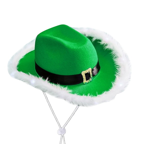 Christmas Light Up Cowboy Hat Western Furry Brim Green Color LED Santa Hat Adjustable Flashing Fedora Costume Accessory
