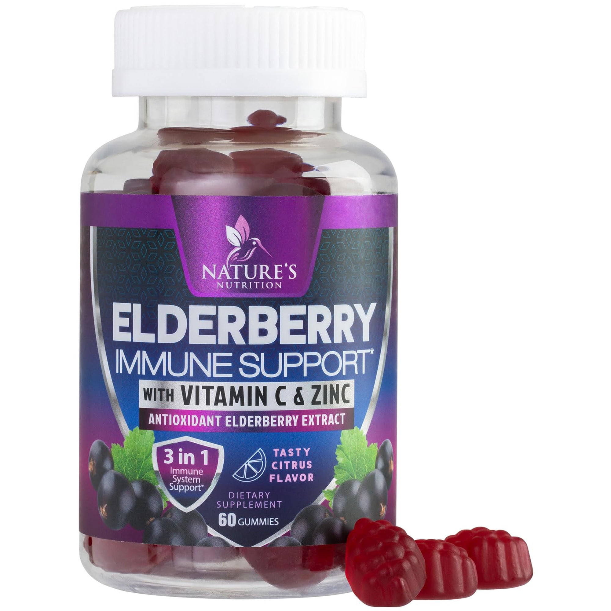 Elderberry Immune Support Gummies 100mg - 3X Strength Sambucus Elderberry Gummy with Vitamin C, D3 & Zinc - Natures Black Elderberry Extract, Immune Support Supplement for Adults & Kids - 60 Gummies