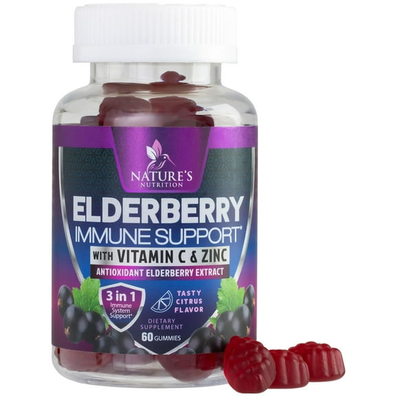 Elderberry Immune Support Gummies - 3X Strength Sambucus Elderberry Gummy with Vitamin C, D3 & Zinc - Nature’s Black Elderberry Extract - Immune Support Supplement for Adults & Kids - 60 Gummies