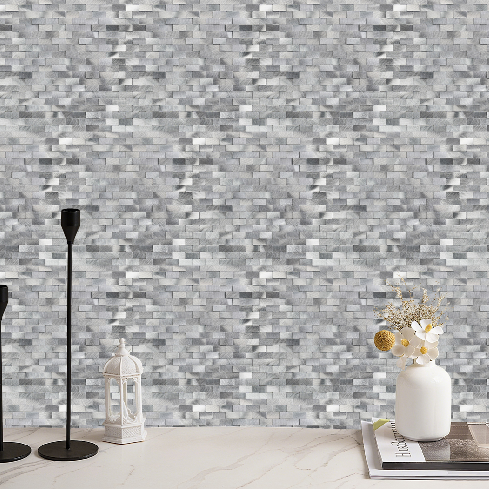 10pieces Striped and long-shaped Self-Adhesive Aluminum Composite Mosaic Peel-and-Stick Tiles No Grout, Easy DIY Backsplash & Accent Wall – Scratch, Splash & Heat-Resistant Metal Finish 11.8"x11.7"