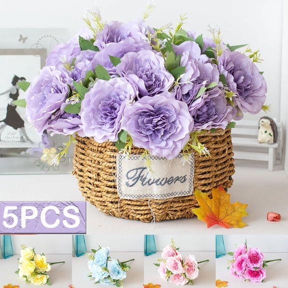 5PCS Artificial Peony Silk Flower, Artificial Flowers Bouquets Fake Peonies for Home Office Wedding Party Festival Bar Decor