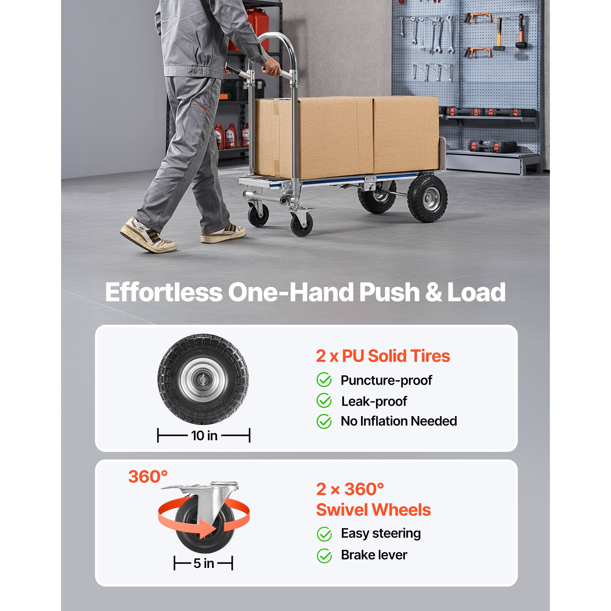 KFFKFF 2-in-1 Convertible Hand Truck, 1000 lbs Capacity for 4-Wheel Configuration, Heavy-Duty Dolly with Non-Slip Handle & Durable Wheels, Versatile Cart for Home, Warehouse, and Supermarket Use
