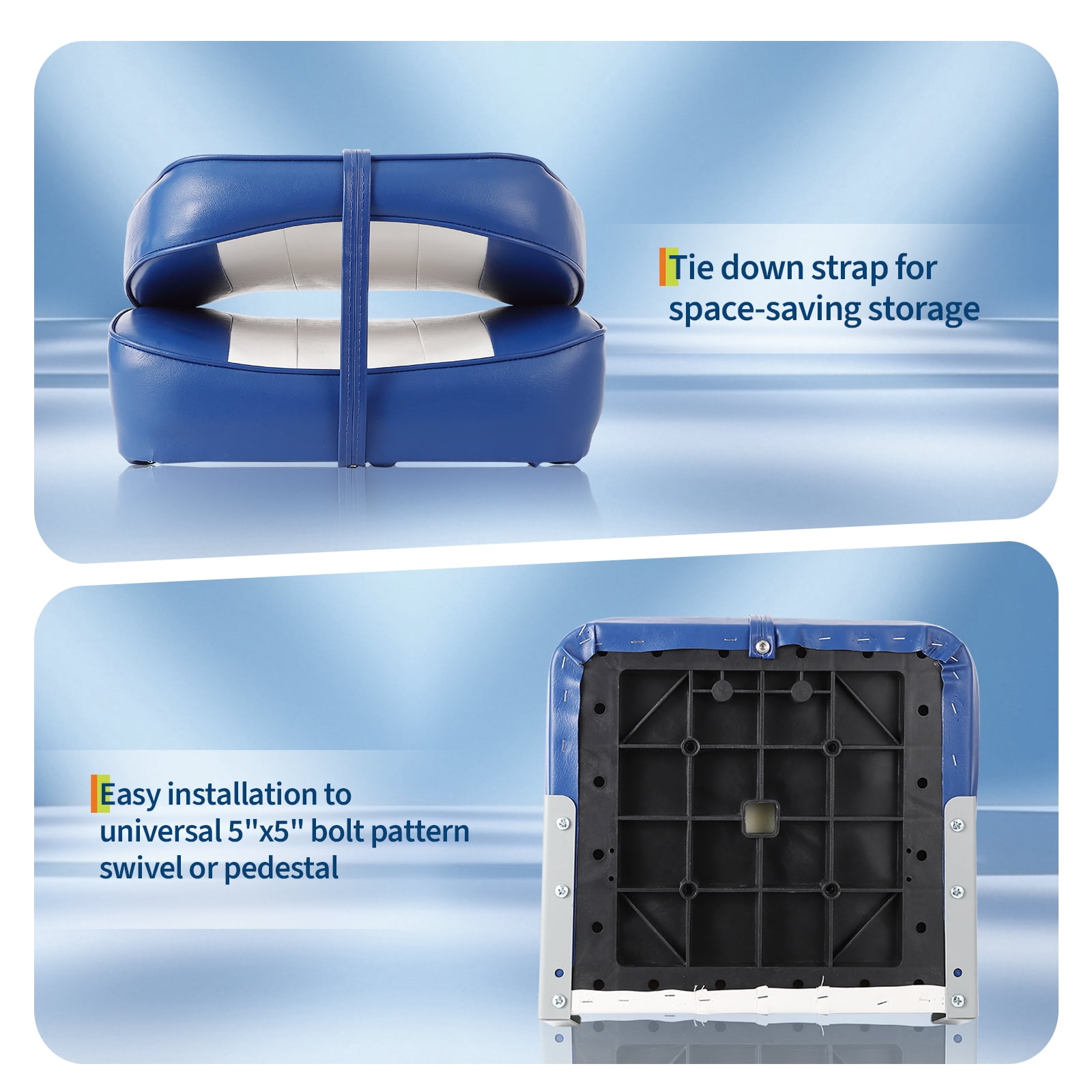 Kicctian 2 Pack High Back Folding Boat Seats with Thick Sponge Padding, Hinge & Fold-Down Design for Speedboat, Canoe or Sightseeing Boats,Blue+White