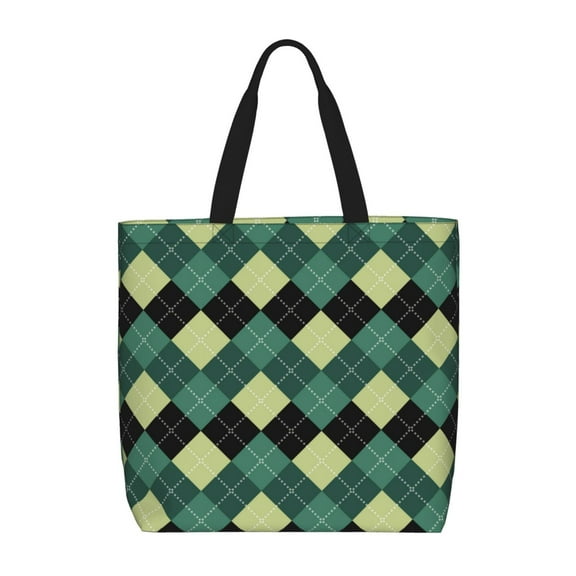 Honeii Green Squares Print Tote Bag, Reusable Grocery Shopping Bag,Shoulder Bag with Inner Pocket