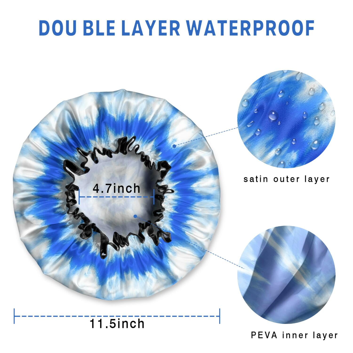 Shower Caps,Blue Tie Dye Mandala Pattern Waterproof Shower Cap for Women 4 Pieces,Double Reusable Hair Cover for Shower PEVA Elastic Stretch Hem