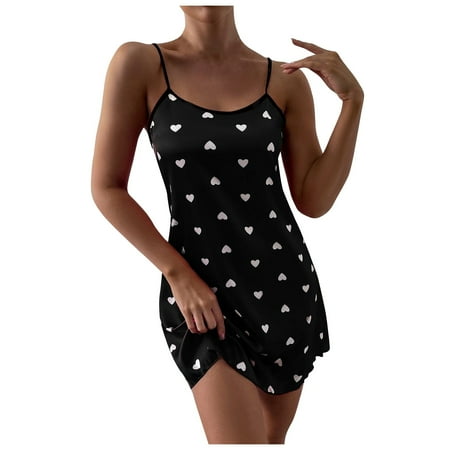 

BIZIZA Women ChemiseHeart Print Nightgown Sleepwear Full Slip Soft Lingerie Women s Nightdress Black L