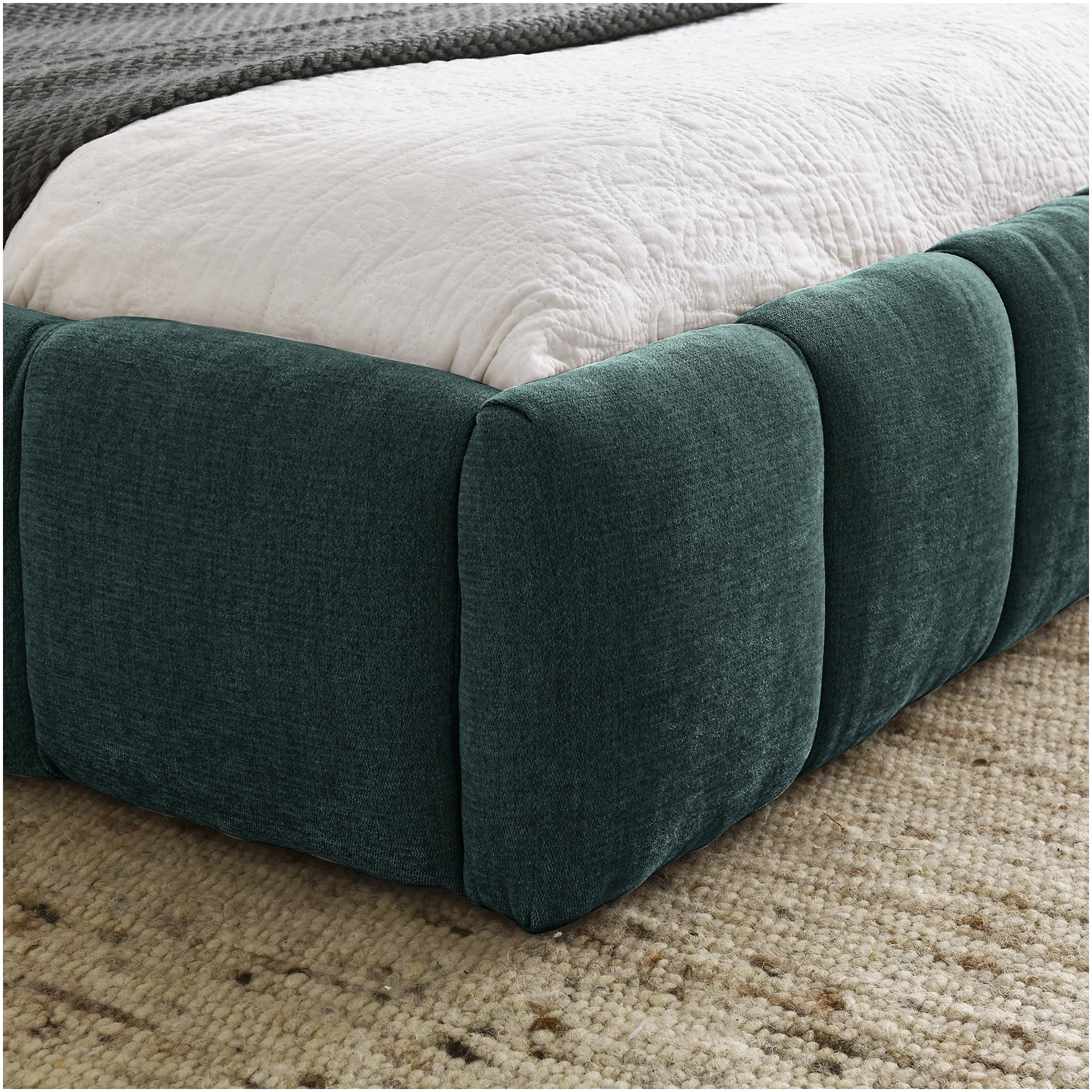 Queen Size Upholstered Platform Bed Frame with Headboard, Modern Chenille Fabric Bed, No Box Spring Needed, Blue Green