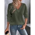 thumbnail image 4 of Women's Olive Green Ribbed Knit V-Neck Sweater Drop Shoulder Loose Fit Long Sleeve Pullover for Fall Winter Layering with Jeans Daily Outfits, 4 of 8