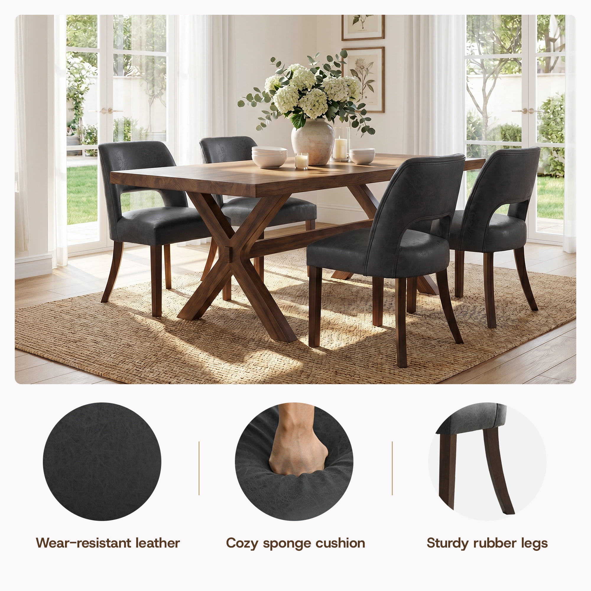 VKNOW Faux Leather 20.7" W Upholstered Dining Chairs Set of 6, Thick Foam Cushion Kitchen & Dining Room Chairs with Solid Wood Legs, Black