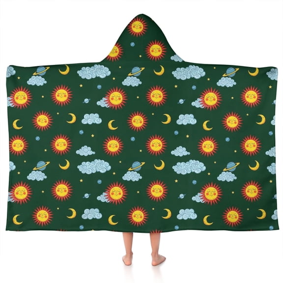 Green Sun Moon Cloud Planet Pattern Hooded Bath Towel,50"x30" for Ages 3 To 12 Kids, Quick Dry Lightweight Soft Microfiber Hood Beach Towel Cover Up for Kids