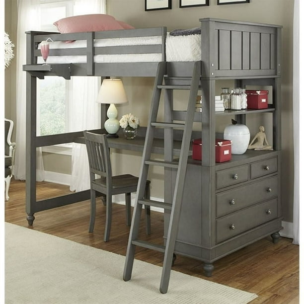 NE Kids Lake House Twin Loft Bed with Desk and Shelf in Stone Walmart