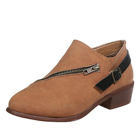 

Cglfd Retro Women Leather Flat Zipper Solid Color Short Booties Round Toe Shoes