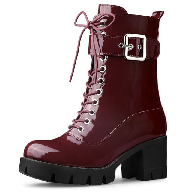 Botas de combate de plataforma Allegra K tacón Grueso cremallera para Mujer borgoña 37