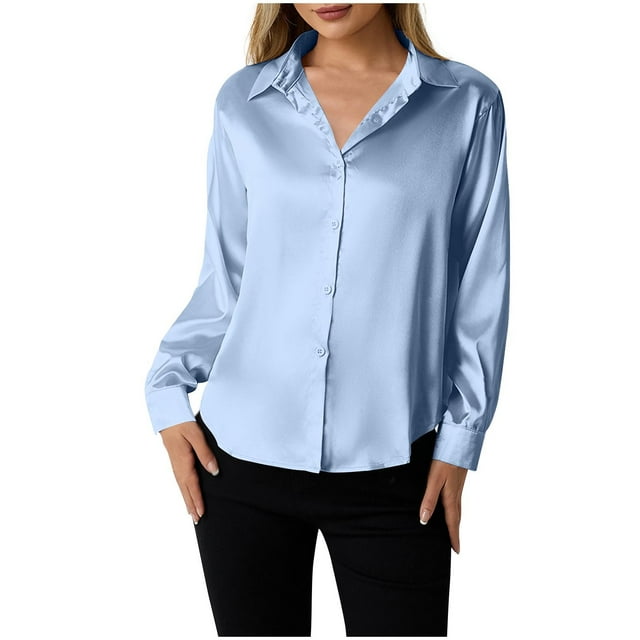 Lenpel Women's Satin Blouses Dressy Casual Long Sleeve Collared Solid Color Button down Shirts Trendy Work Tops