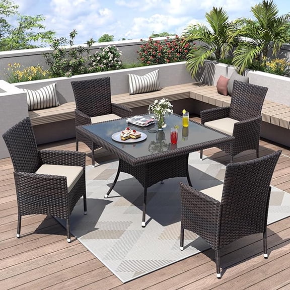 5 Piece Patio Dining Set All-Weather Wicker Outdoor Furniture Set W/Tempered Glass Tabletop, Removable Cushions