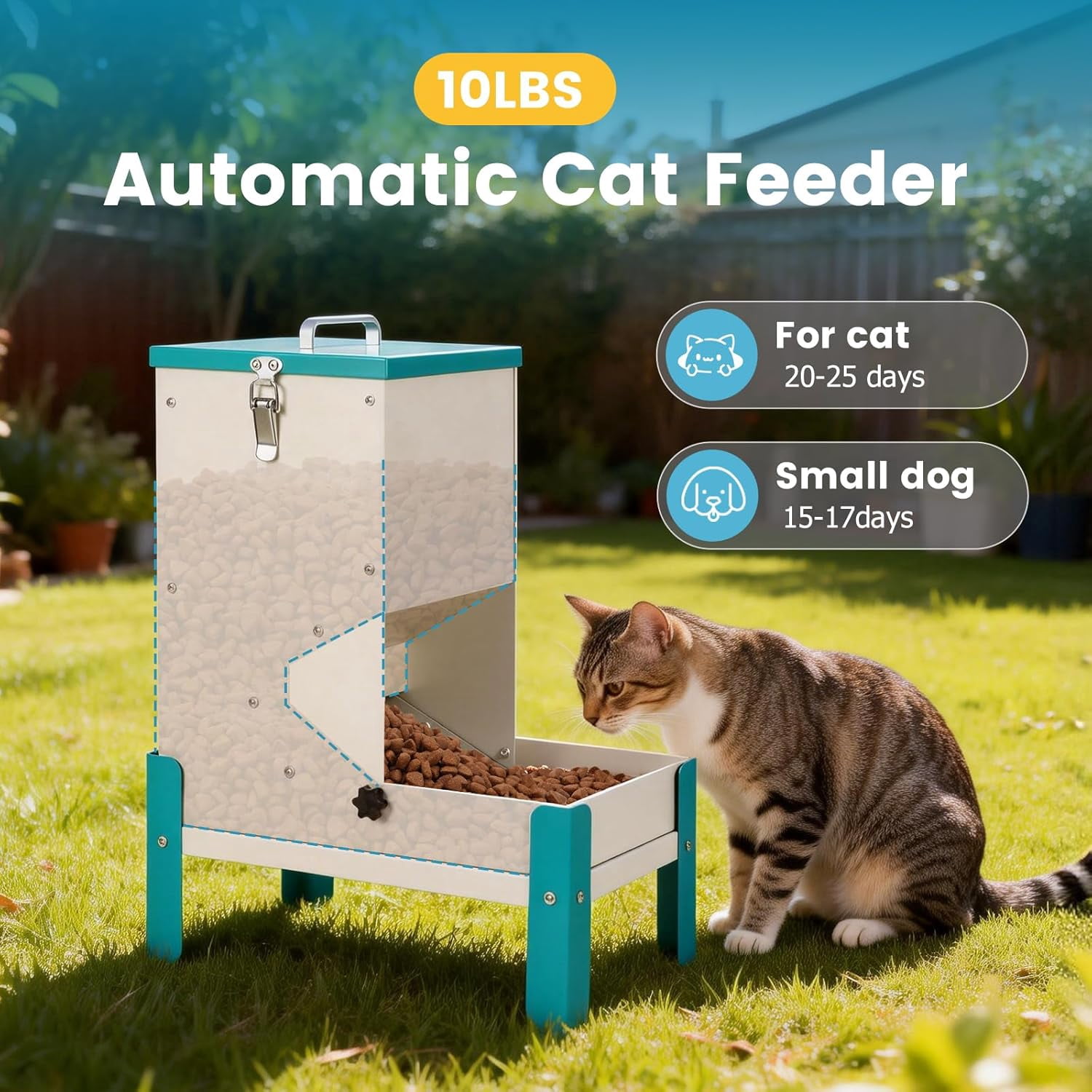 Automatic Cat Feeder 10L Gravity Dog Food Dispenser with Stand Removable Tray Raised Pet Feeder for Cats Dogs